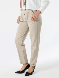 Frenetika Pantaloni da donna a gamba dritta con cintura e risvolti sul finale - beige