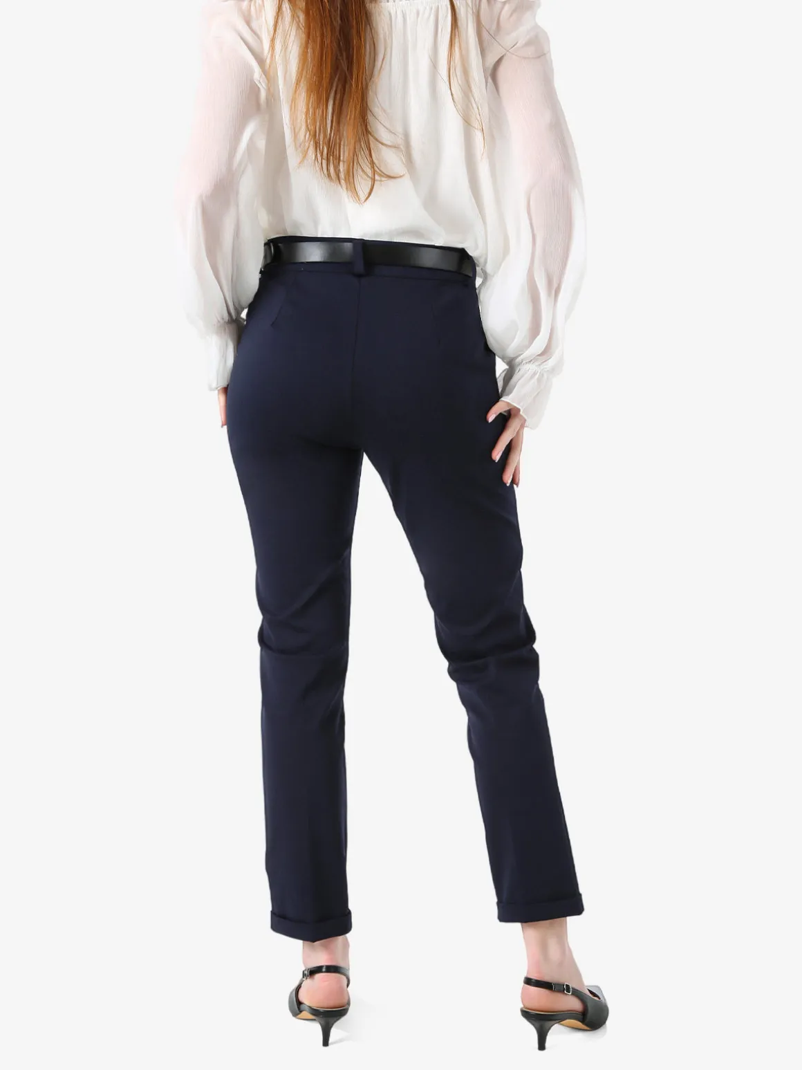 Frenetika Pantaloni donna a gamba dritta con risvolto sul finale e cintura - blu scuro