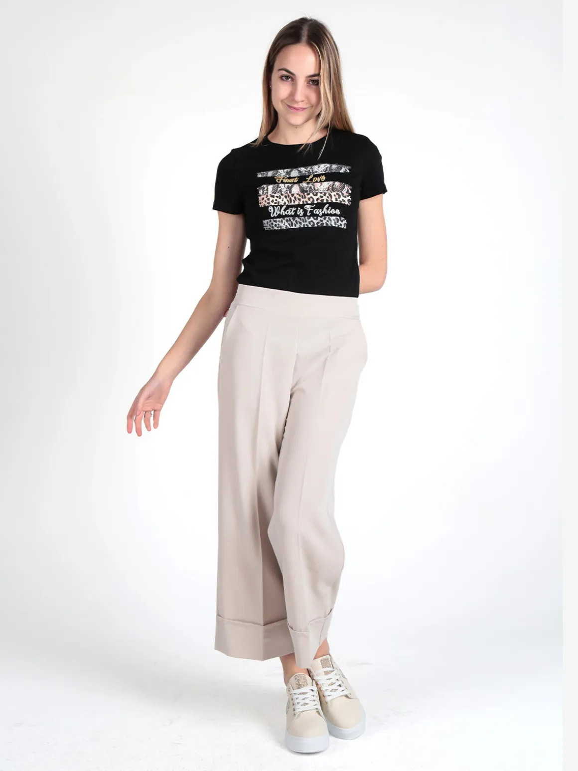 Frenetika Pantaloni donna crop con risvolto alto