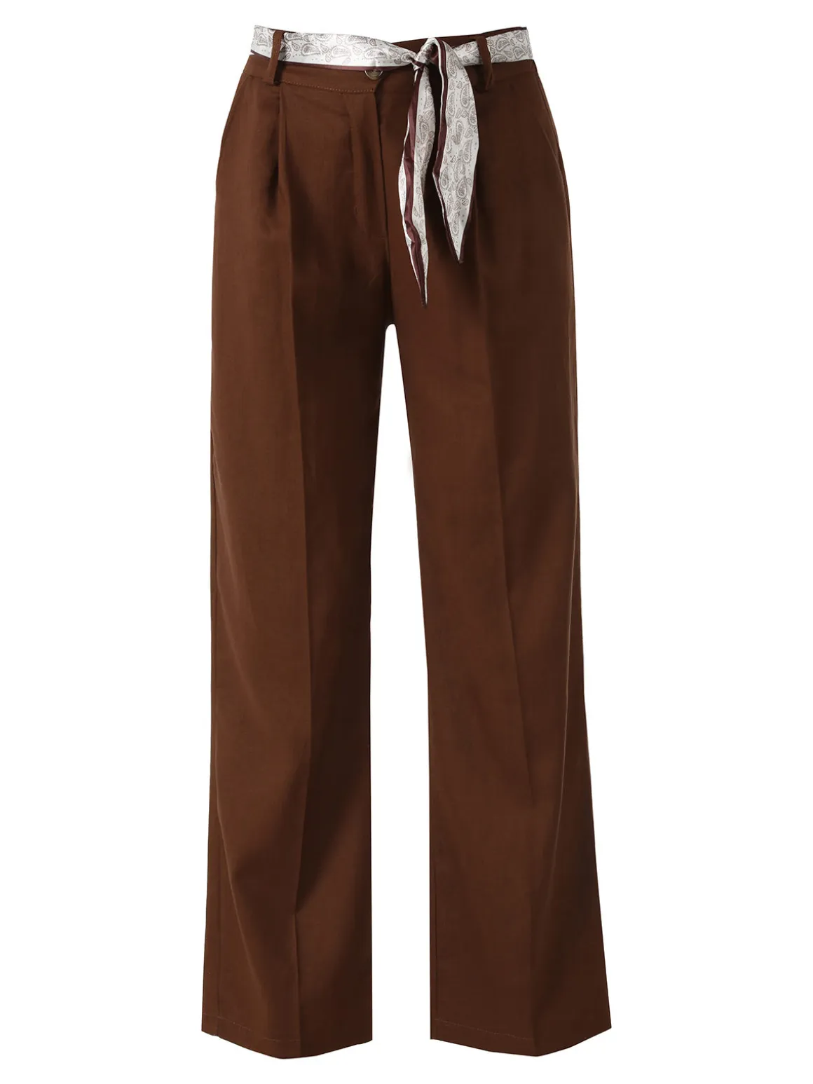 Frenetika Pantaloni donna in misto lino a gamba dritta con cintura a foulard - marrone