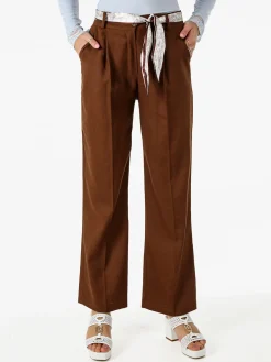 Frenetika Pantaloni donna in misto lino a gamba dritta con cintura a foulard - marrone