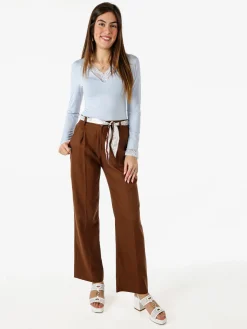 Frenetika Pantaloni donna in misto lino a gamba dritta con cintura a foulard - marrone