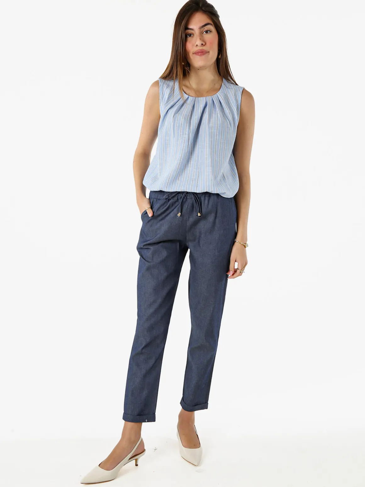 Frenetika Pantaloni donna in cotone effetto jeans con risvolti - blu