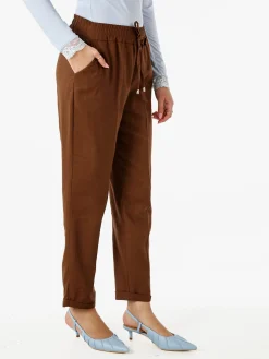 Frenetika Pantaloni donna in misto lino con risvolti - marrone