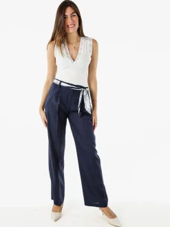 Frenetika Pantaloni donna in misto lino a gamba dritta con cintura a foulard - blu