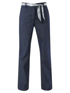 Frenetika Pantaloni donna in cotone a gamba dritta con cintura a foulard -blu