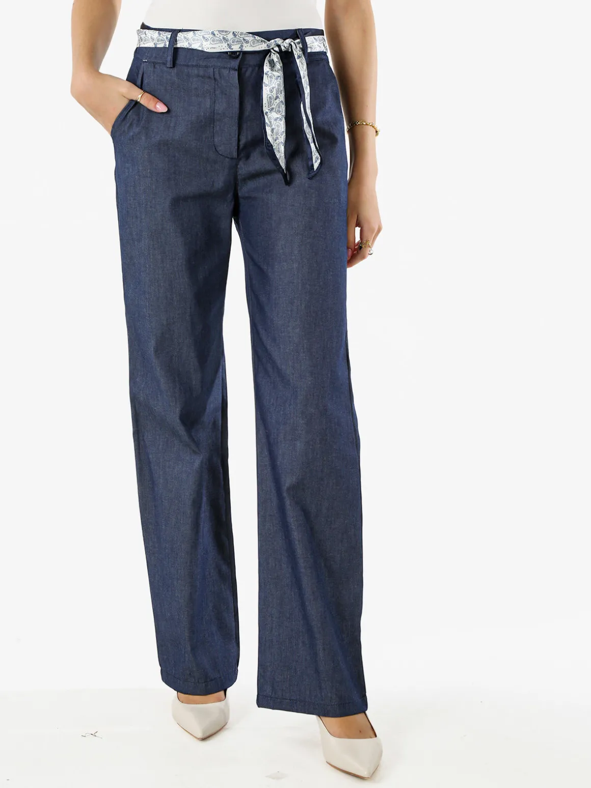 Frenetika Pantaloni donna in cotone a gamba dritta con cintura a foulard -blu