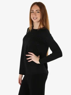 Gian Marco Venturi Maglia donna girocollo con strass e spacchi laterali - nero