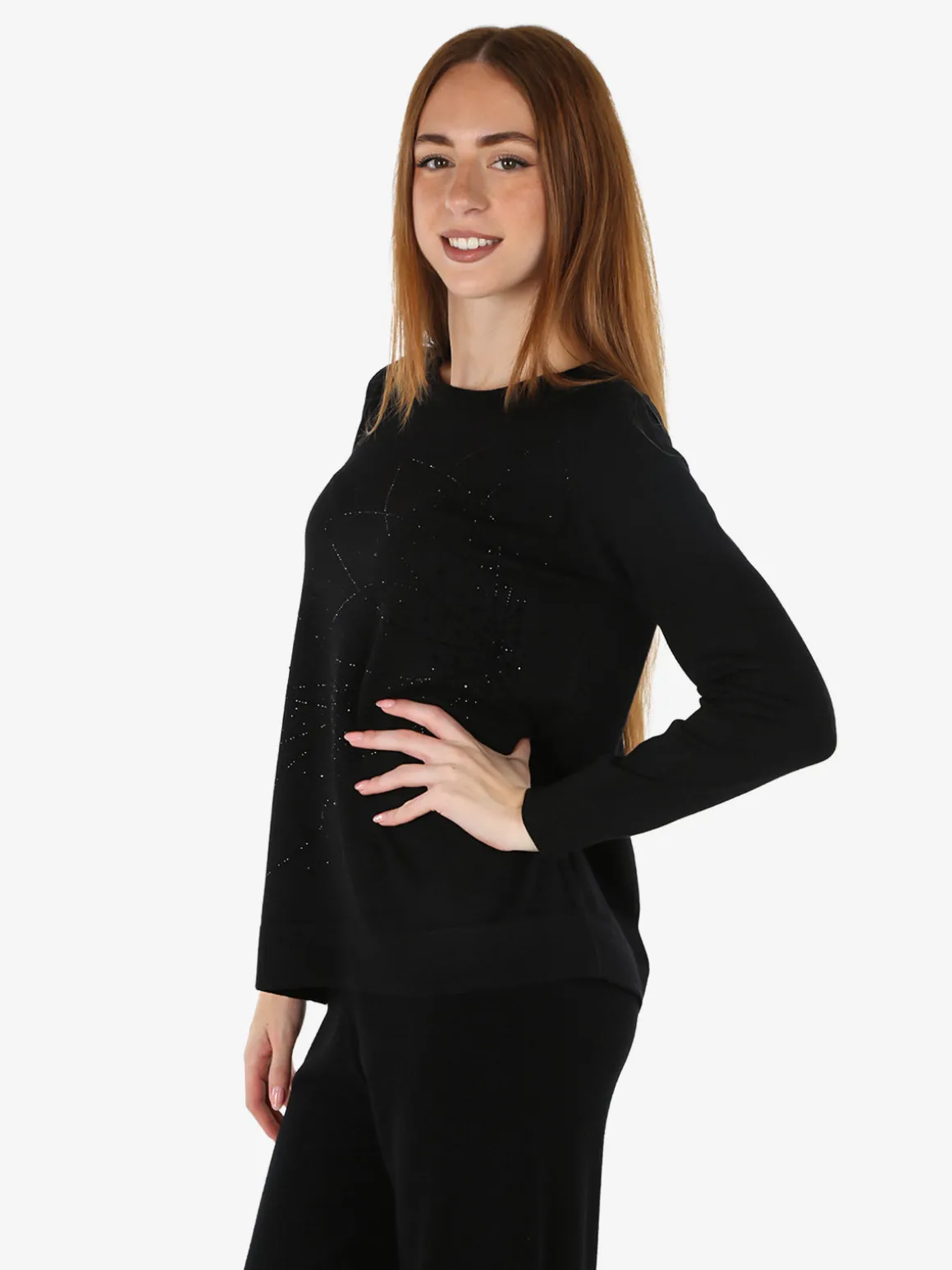 Gian Marco Venturi Maglia donna girocollo con strass e spacchi laterali - nero