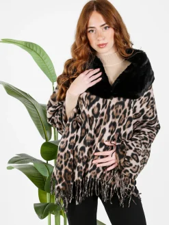 Gian Marco Venturi Mantella donna animalier con scollo in ecopelliccia
