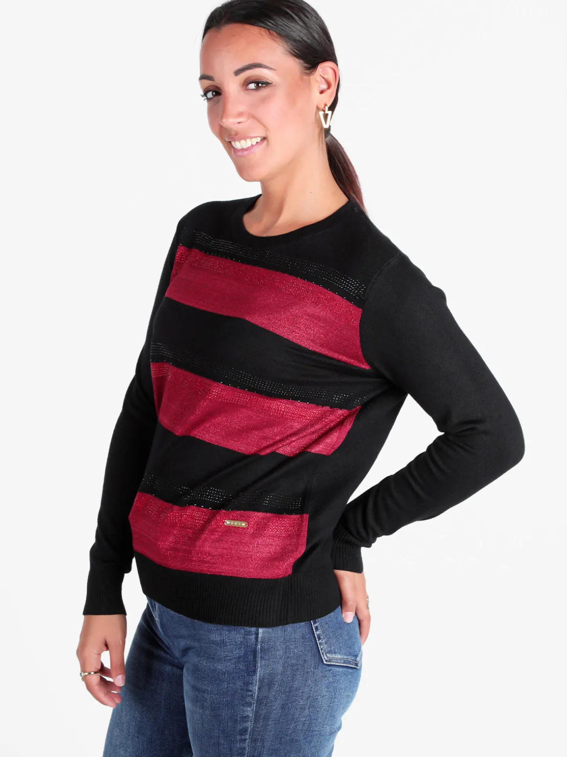 Gian Marco Venturi Pullover in maglia da donna a blocchi di colore con strass