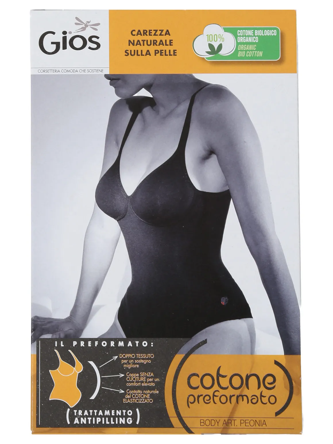 Gios PEONIA Body donna in cotone con coppe preformate COPPA B - bianco