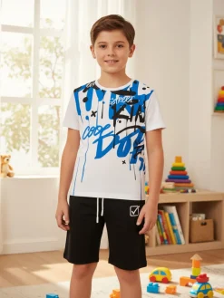 Givova Completo corto da bambino in cotone con t-shirt stampata e bermuda - bianco