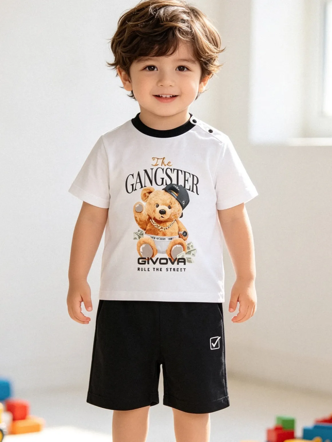 Givova Completo corto da neonato in cotone con t-shirt orsacchiotto e shorts - bianco