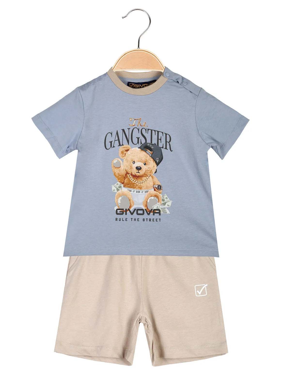 Givova Completo corto da neonato in cotone con t-shirt orsacchiotto e shorts - cielo