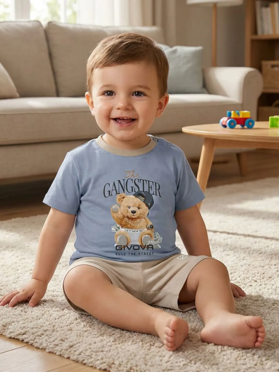 Givova Completo corto da neonato in cotone con t-shirt orsacchiotto e shorts - cielo