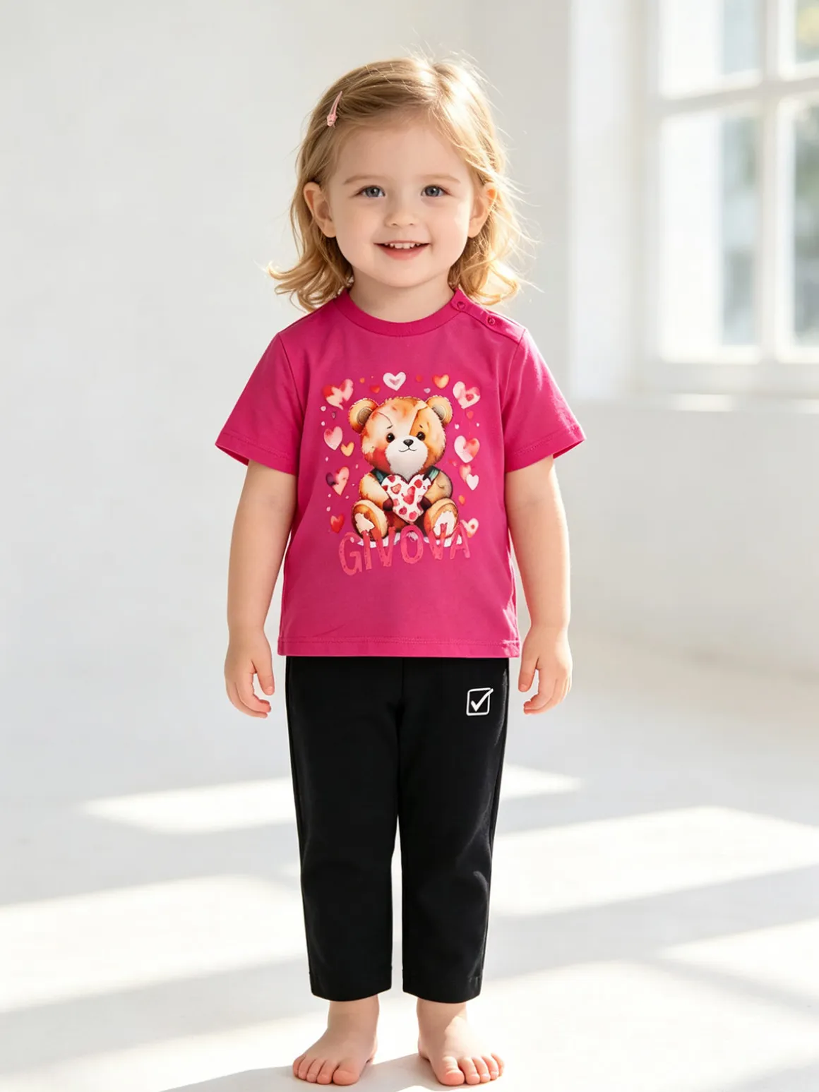 Givova Completo corto da neonata con t-shirt orsacchiotto e leggings - fucsia