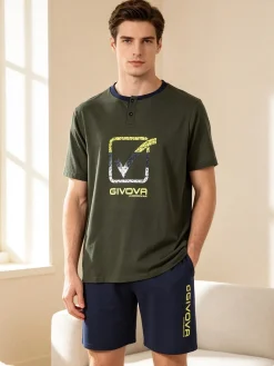 Givova Pigiama corto da uomo in misto cotone con logo - militare