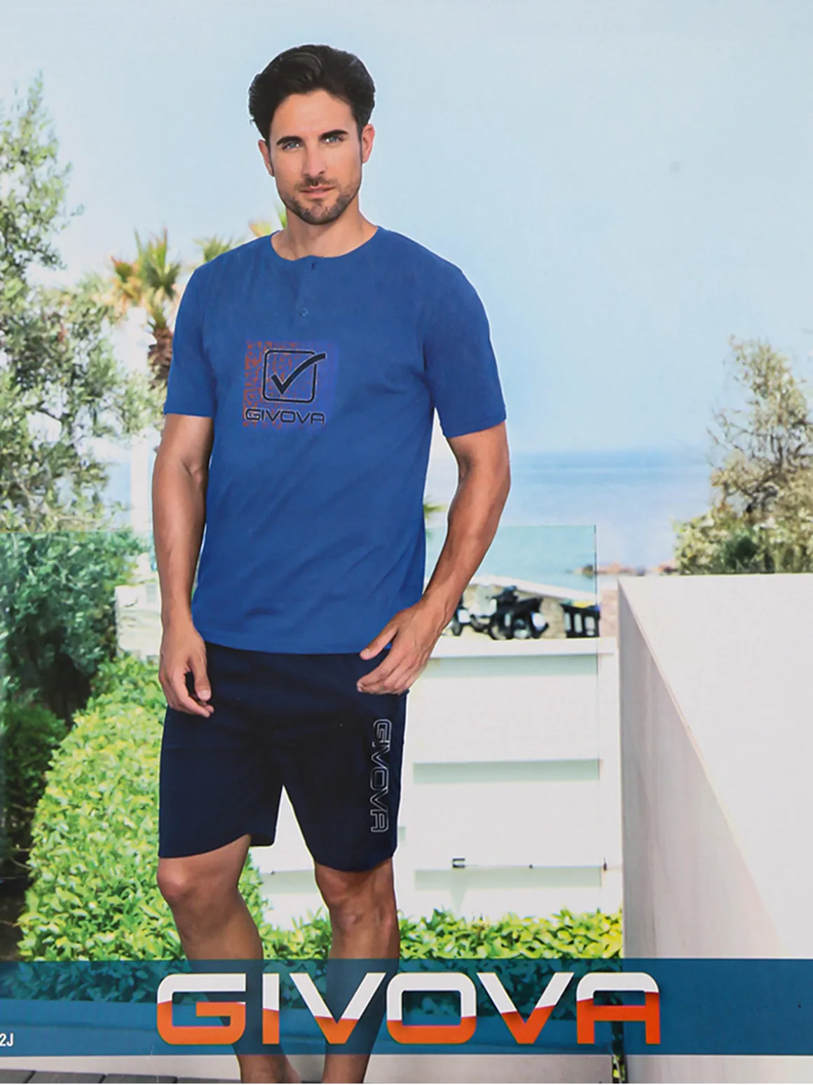Givova Pigiama corto da uomo in misto cotone con logo - blu