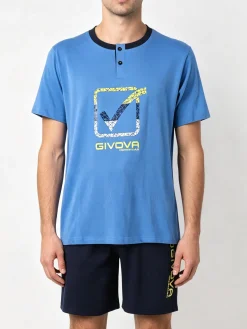 Givova Pigiama corto da uomo in misto cotone con logo - blu