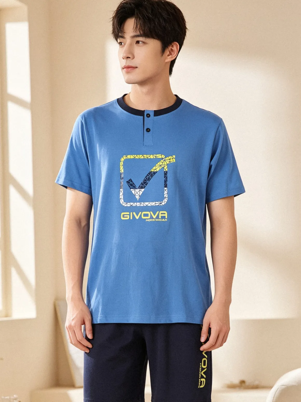 Givova Pigiama corto da uomo in misto cotone con logo - blu