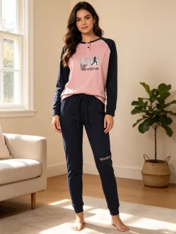 Givova Pigiama lungo da donna in cotone interlock con stampa - rosa