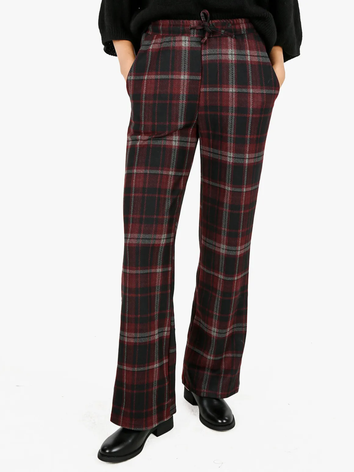 Gladys Pantaloni donna a quadri con gamba larga e interno in pile - bordeaux