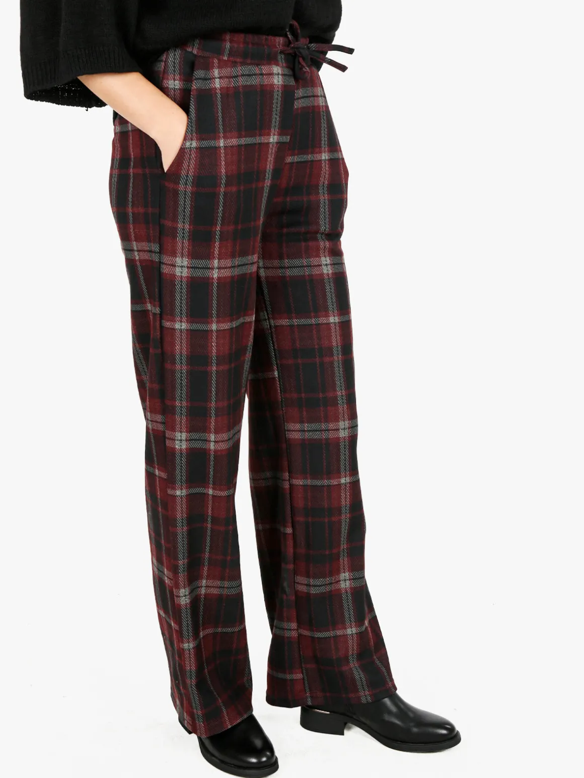Gladys Pantaloni donna a quadri con gamba larga e interno in pile - bordeaux