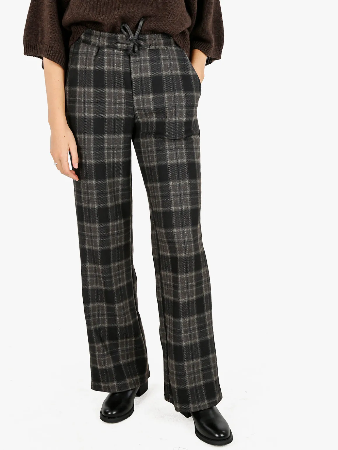 Gladys Pantaloni donna a quadri con gamba larga e interno in pile - marrone