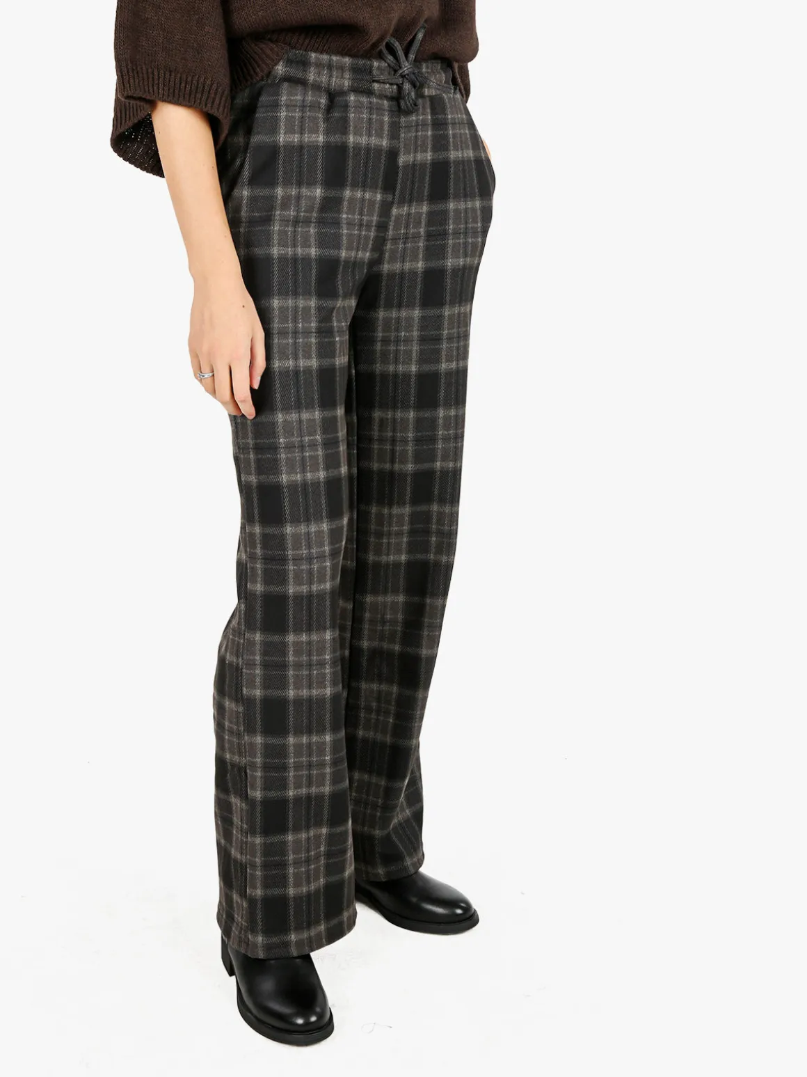 Gladys Pantaloni donna a quadri con gamba larga e interno in pile - marrone