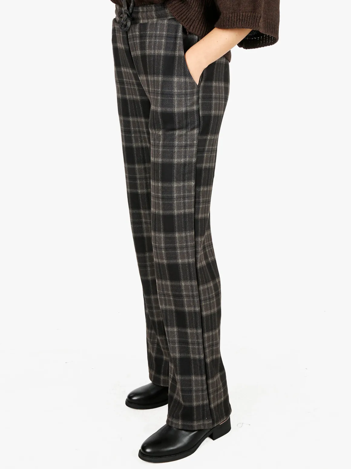 Gladys Pantaloni donna a quadri con gamba larga e interno in pile - marrone