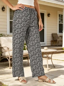 Gladys Pantaloni donna in cotone a gamba larga zebrati con coulisse - nero