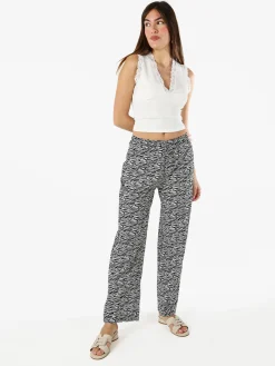 Gladys Pantaloni donna in cotone a gamba larga zebrati con coulisse - nero