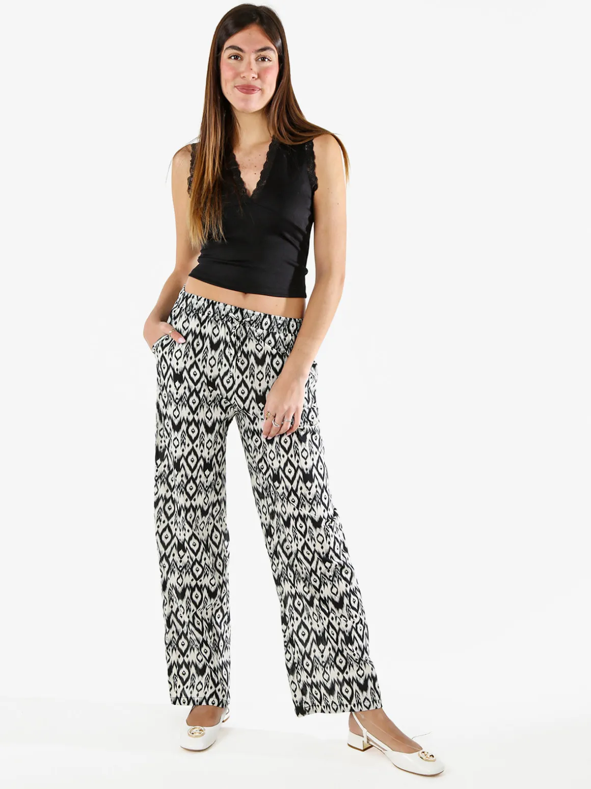 Gladys Pantaloni donna in cotone a gamba larga con coulisse e stampe - multicolore