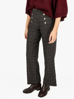 Gladys Pantaloni donna scozzesi a gamba larga con bottoni decorativi e interno in pile - marrone