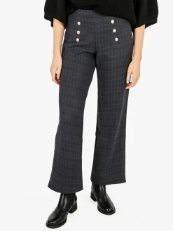 Gladys Pantaloni donna scozzesi a gamba larga con bottoni decorativi e interno in pile - blu scuro