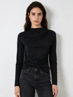 Gondola Blu Maglia donna accollata a maniche lunghe con drappeggio laterale - nero