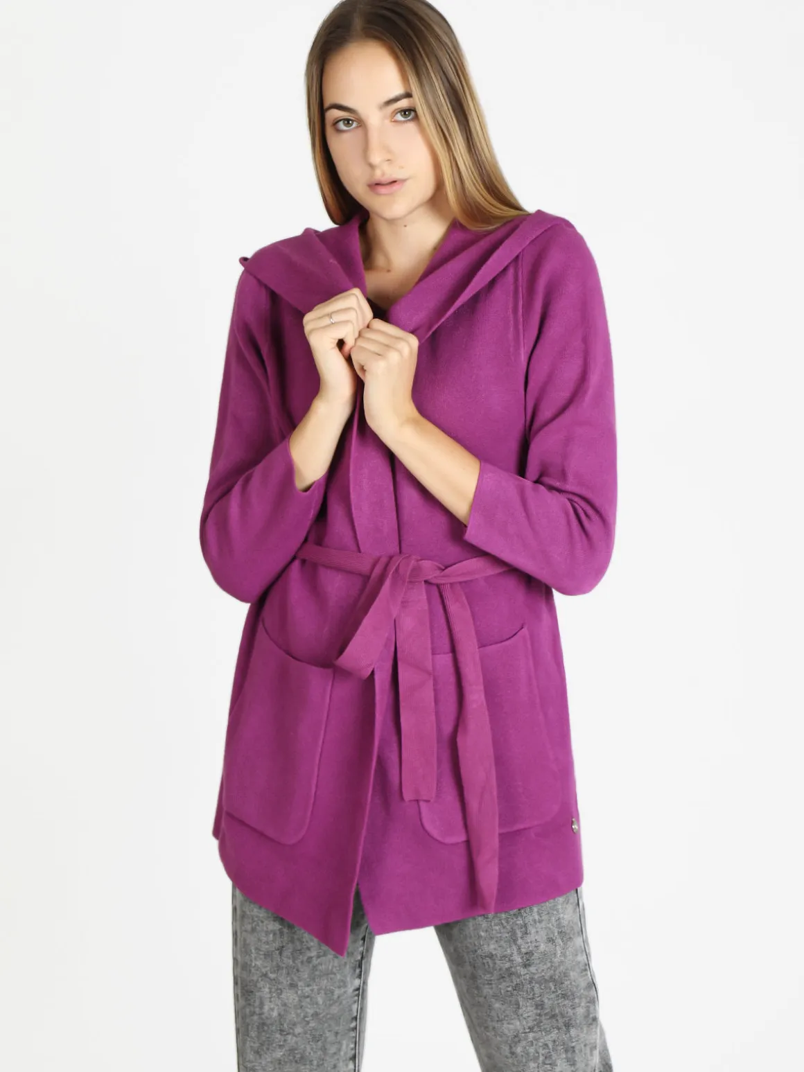 Griffai Spolverino donna in maglia con cappuccio e cintura