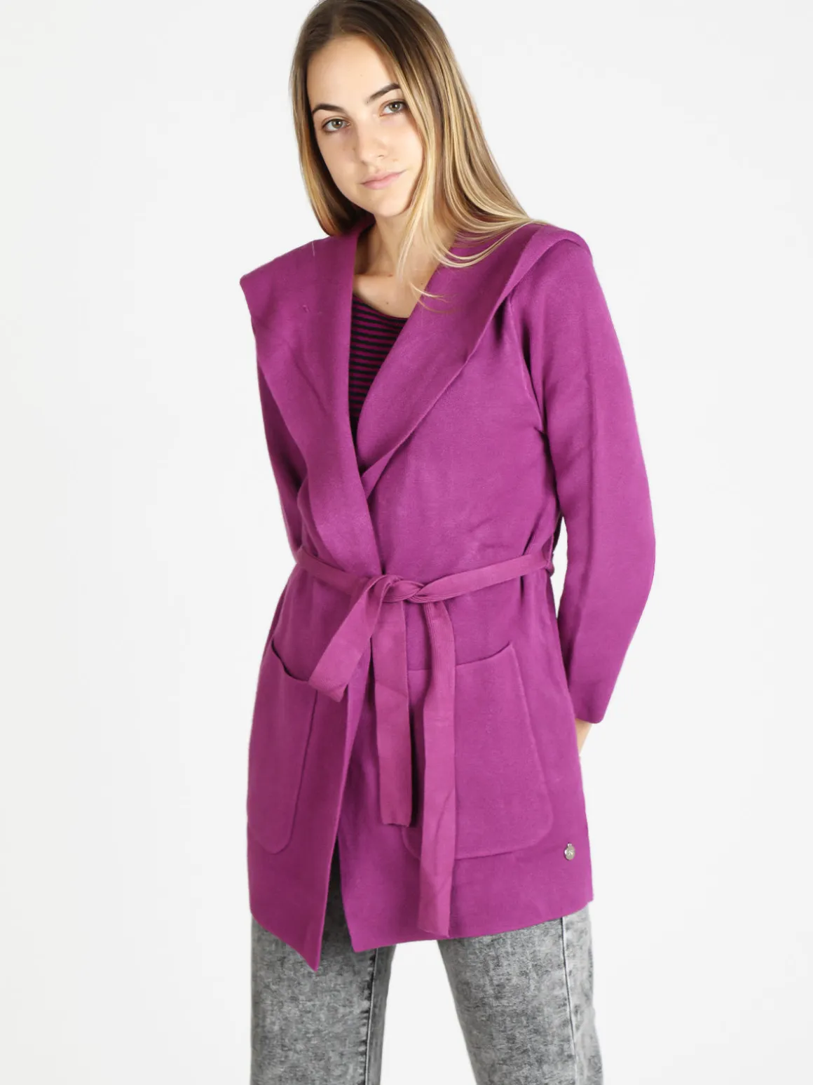 Griffai Spolverino donna in maglia con cappuccio e cintura