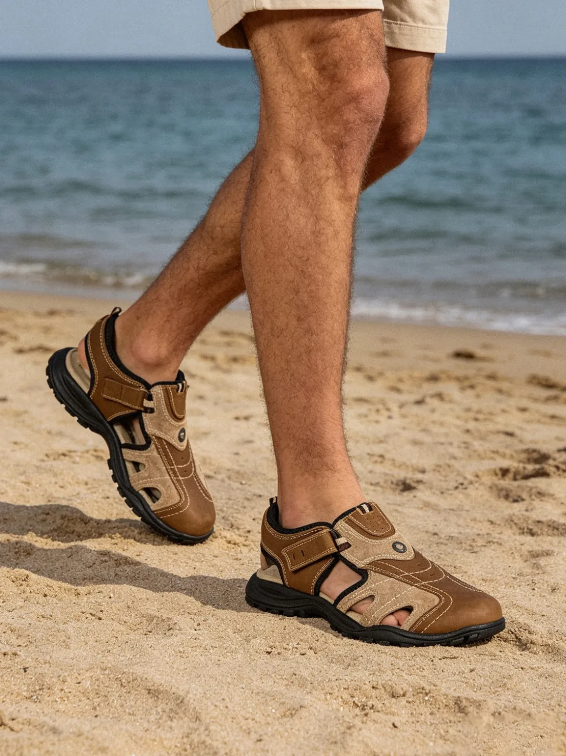 Grisport Sandali in pelle da uomo con cinturini a strappo e puntale chiuso - marrone
