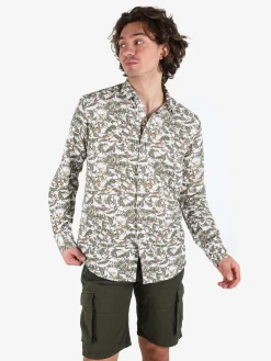 Guy Camicia da uomo in misto lino a maniche lunghe con stampa disegni