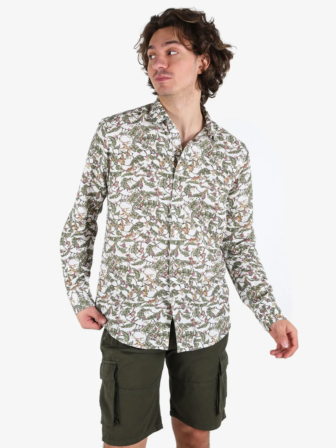 Guy Camicia da uomo in misto lino a maniche lunghe con stampa disegni