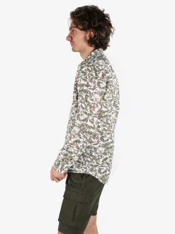 Guy Camicia da uomo in misto lino a maniche lunghe con stampa disegni