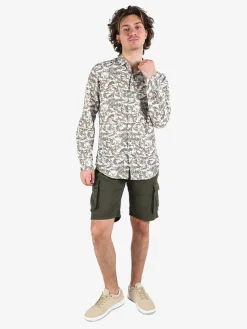 Guy Camicia da uomo in misto lino a maniche lunghe con stampa disegni