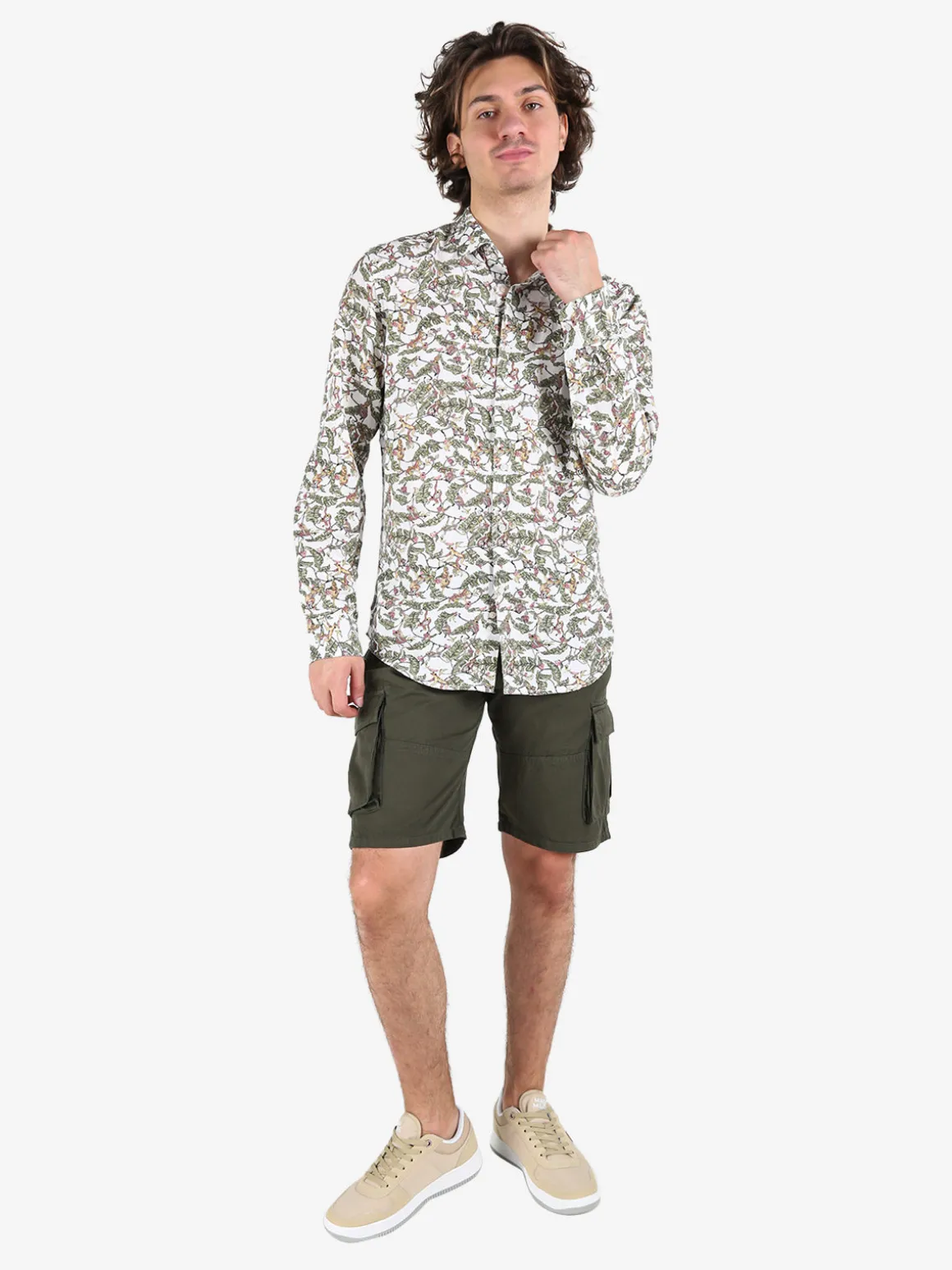 Guy Camicia da uomo in misto lino a maniche lunghe con stampa disegni