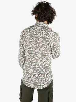 Guy Camicia da uomo in misto lino a maniche lunghe con stampa disegni