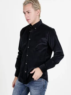 Guy Camicia da uomo in velluto a maniche lunghe
