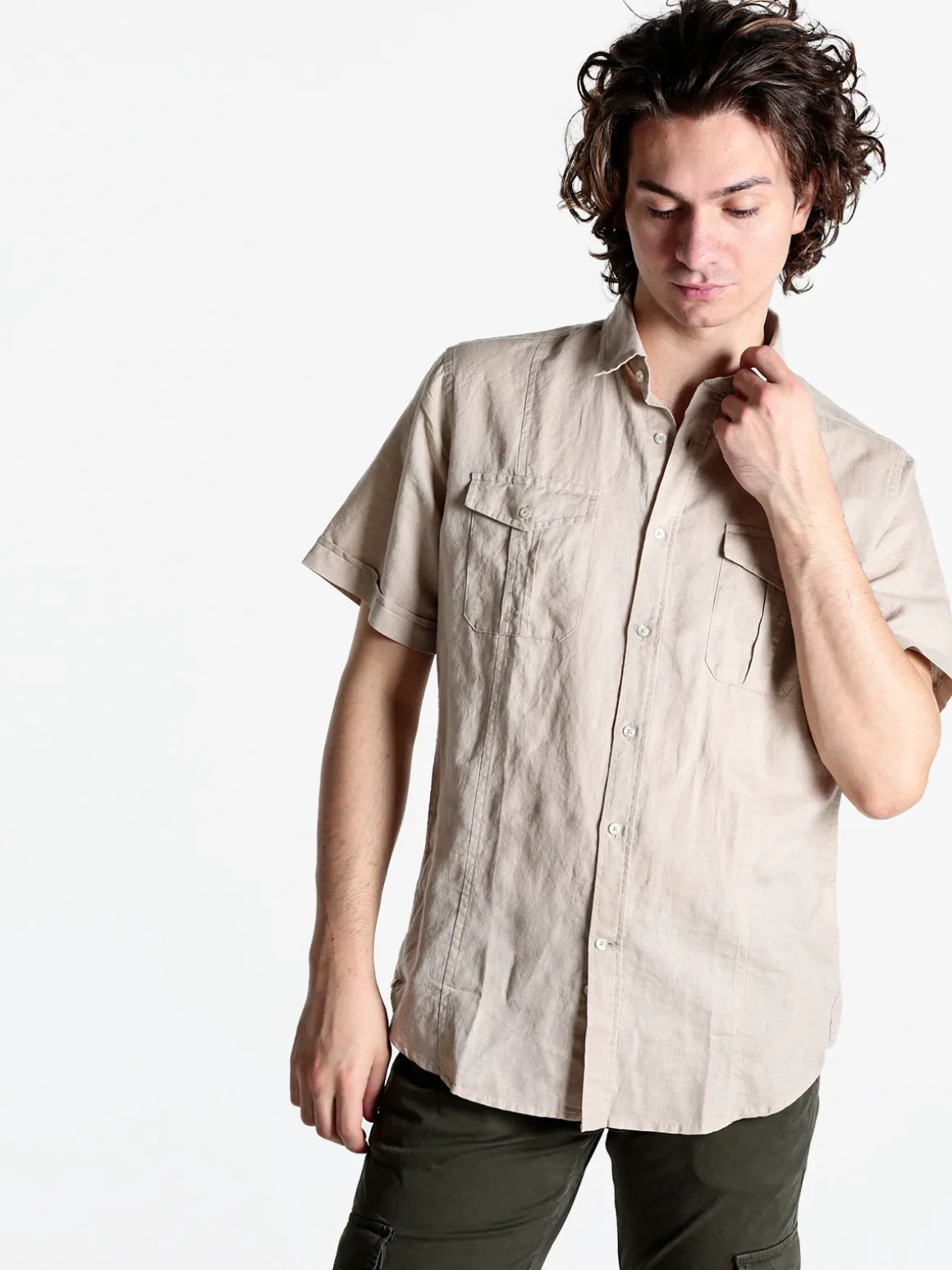 Guy Camicia da uomo misto lino a maniche corte