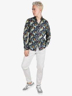 Guy Camicia floreale da uomo in cotone a maniche lunghe