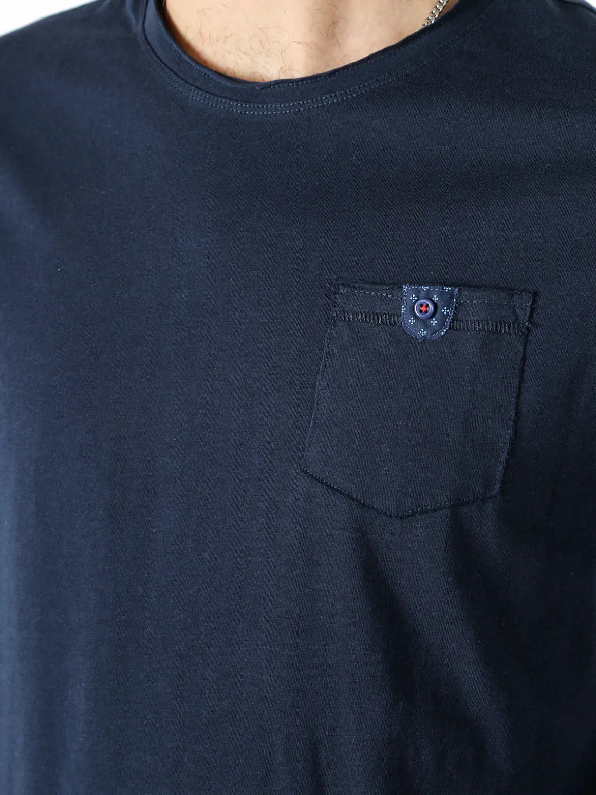 Guy T-shirt girocollo da uomo in cotone con taschino - blu scuro